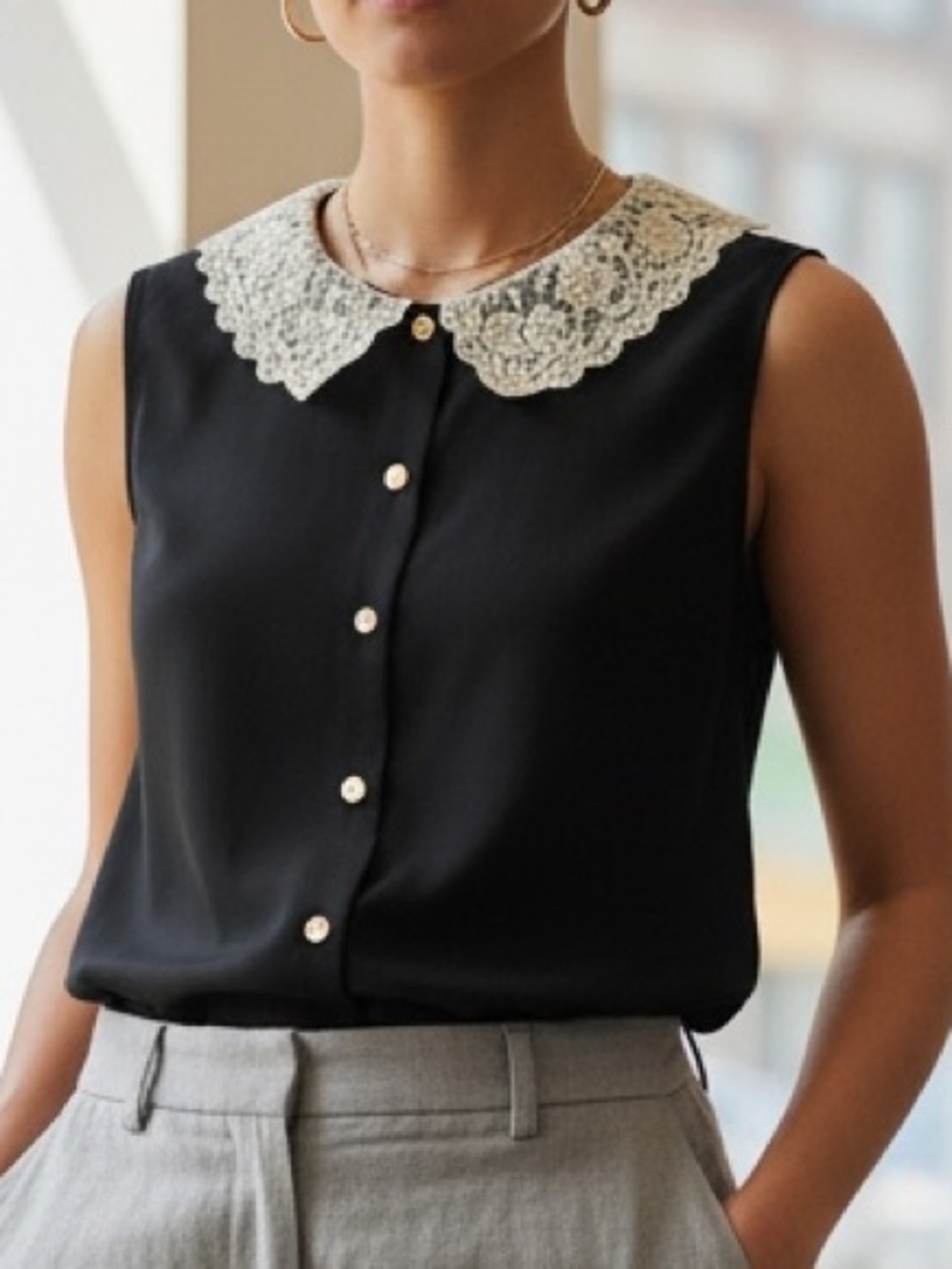 H by Halston Black Sleeveless Button-Down Top with Cream Lace Collar